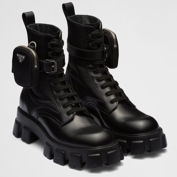 Prada Men's Monolith Brushed Leather/Nylon Boots With Pouch